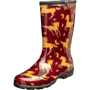 imageSloggers Waterproof Garden Rain Boots for Women  Cute MidCalf Mud ampamp Muck Boots with Premium Comfort Support InsoleHorse Stars Barn Red