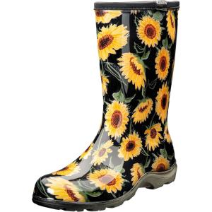 imageSloggers Waterproof Garden Rain Boots for Women  Cute MidCalf Mud ampamp Muck Boots with Premium Comfort Support InsoleSunflower Print Black