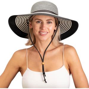 imageSloggers Womens Wide Brim Braided Sun Hat with Wind Lanyard  UPF 50 Maximum Sun ProtectionBlack White