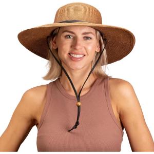 imageSloggers Womens Wide Brim Braided Sun Hat with Wind Lanyard  UPF 50 Maximum Sun ProtectionDark Brown