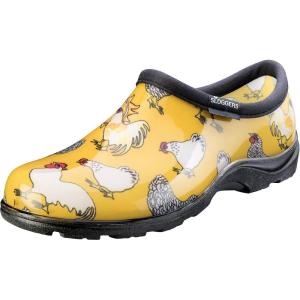 imageSloggers Original Waterproof Rain and Garden Shoe for Women Outdoor SlipOn Garden Clog  Made in The USA with Premium Comfort Insole and Arch SupportChickens Daffodil Yellow