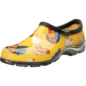 imageSloggers Original Waterproof Rain and Garden Shoe for Women Outdoor SlipOn Garden Clog  Made in The USA with Premium Comfort Insole and Arch SupportClassic Chicken Print Yellow