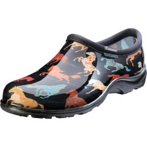 imageSloggers Original Waterproof Rain and Garden Shoe for Women Outdoor SlipOn Garden Clog  Made in The USA with Premium Comfort Insole and Arch SupportHorse Spirit Black