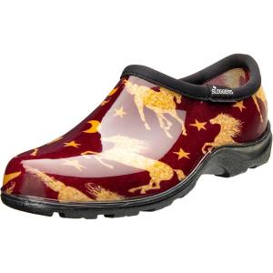 imageSloggers Original Waterproof Rain and Garden Shoe for Women Outdoor SlipOn Garden Clog  Made in The USA with Premium Comfort Insole and Arch SupportHorse Stars Barn Red