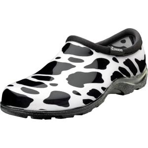 imageSloggers Original Waterproof Rain and Garden Shoe for Women Outdoor SlipOn Garden Clog  Made in The USA with Premium Comfort Insole and Arch SupportMoo Print Black White