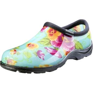 imageSloggers Original Waterproof Rain and Garden Shoe for Women Outdoor SlipOn Garden Clog  Made in The USA with Premium Comfort Insole and Arch SupportPansy Print Turquoise