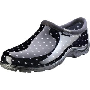 imageSloggers Original Waterproof Rain and Garden Shoe for Women Outdoor SlipOn Garden Clog  Made in The USA with Premium Comfort Insole and Arch SupportPolka Dot Print Black and White