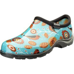 imageSloggers Original Waterproof Rain and Garden Shoe for Women Outdoor SlipOn Garden Clog  Made in The USA with Premium Comfort Insole and Arch SupportTq Bird Print Turquoise